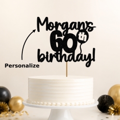 60th Birthday Personalized Glittering Black Cake Pick